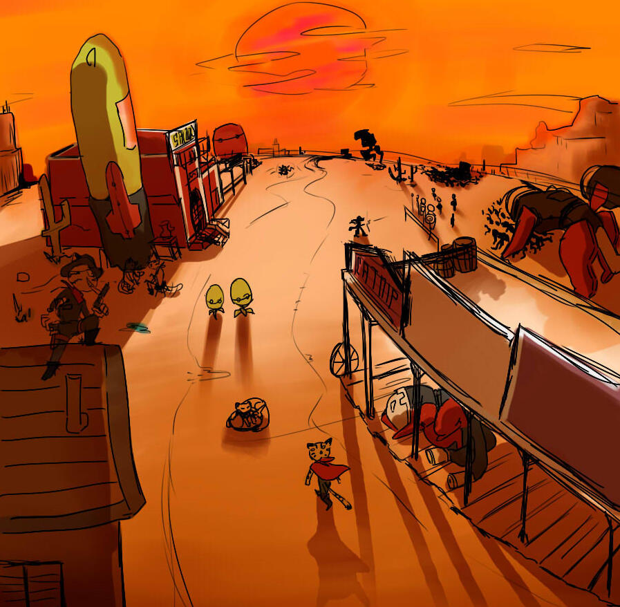 Concept Art of a wild wild west scene featuring my Revolver Ocelot-themed creatures